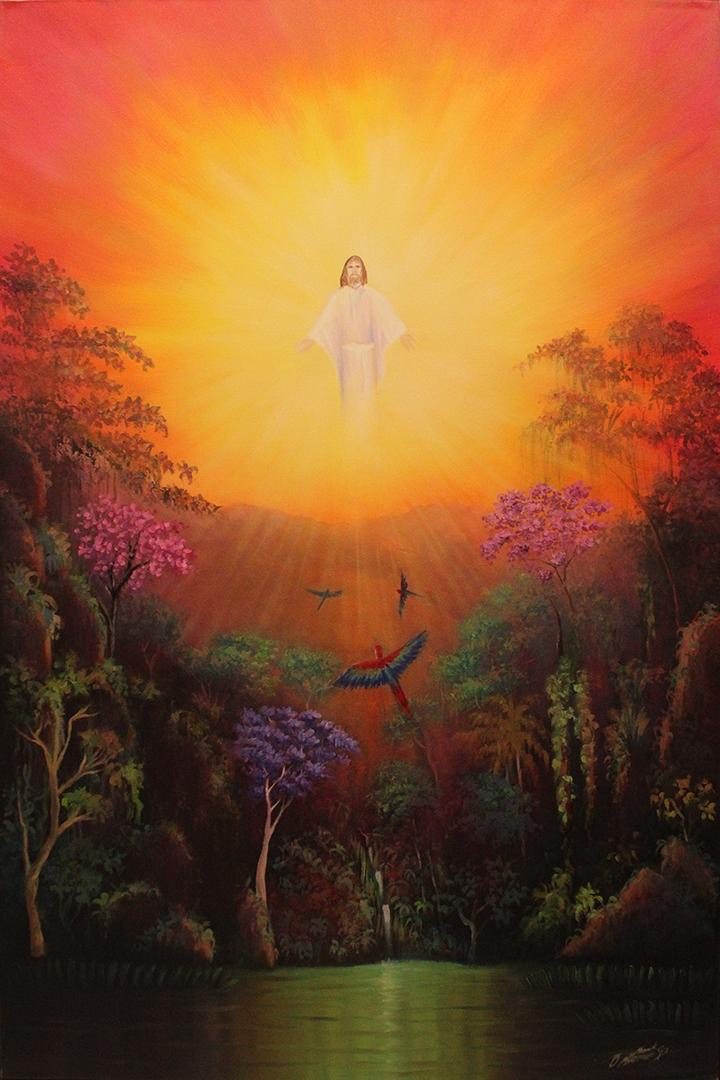 Lights in the Amazon — painting of Jesus in an illuminated Amazonian landscape by Mark O’Connor Bowles